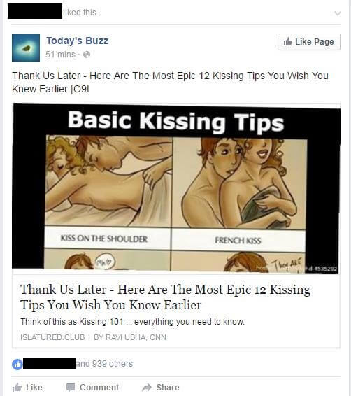 A Facebook post linking to an article about kissing tips.